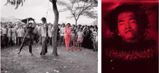 (Left) Manit Sri wanic hpoom Horror in Pink # 1 (6 October 1976 Rightwing fanatics’ massacre of democracy protestors), 2001 C-print 120 x 165 cm The incident photograph by Neal Ulevich - AP, Pink Man performance by Sompong Thawee (right) Manit Sri wanic hpoom Died on 6 October 1976, 2008 Inkjet on paper